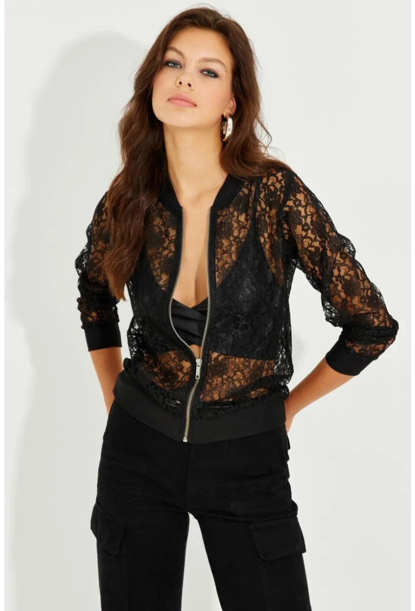 Kadın Siyah Dantelli Fermuarlı Bomber Ceket ST823