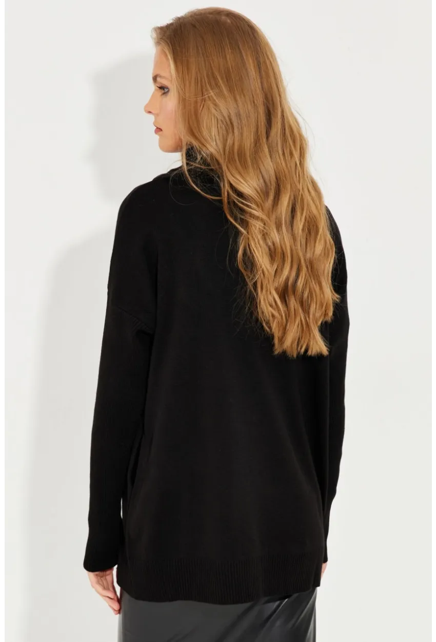 Kadın Siyah Degaje Yaka Cepli Triko Kazak YZ519