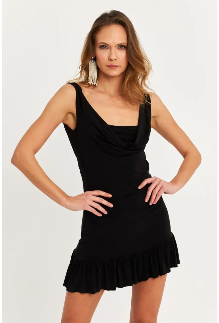 Kadın Siyah Degaje Yaka Mini Elbise HOR0078