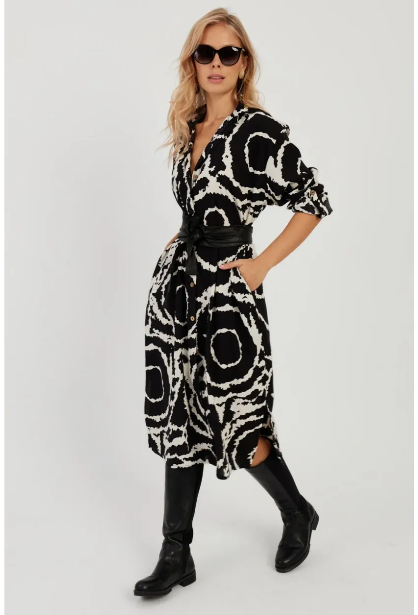 Kadın Siyah Desenli Gömlek Elbise LV174