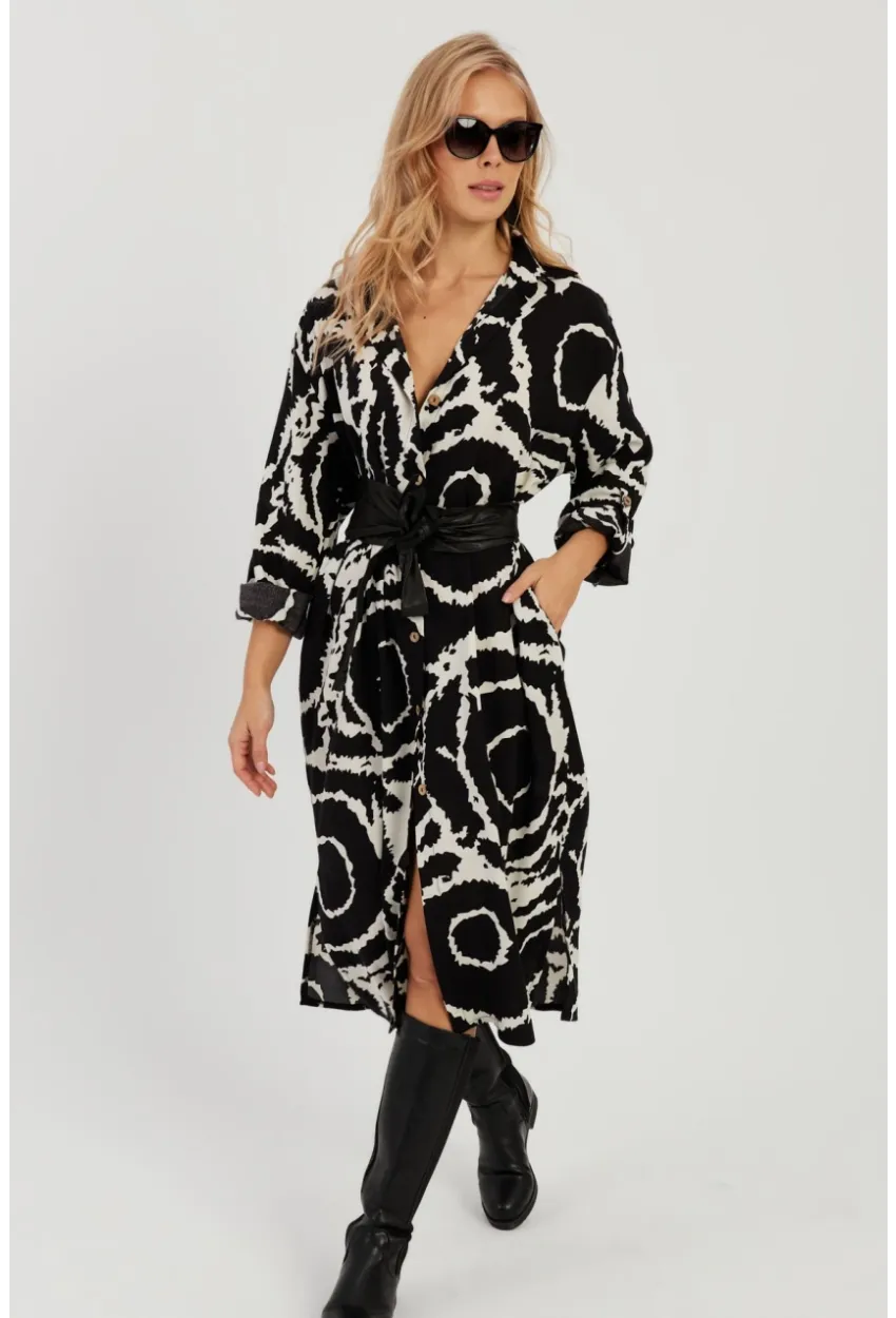 Kadın Siyah Desenli Gömlek Elbise LV174