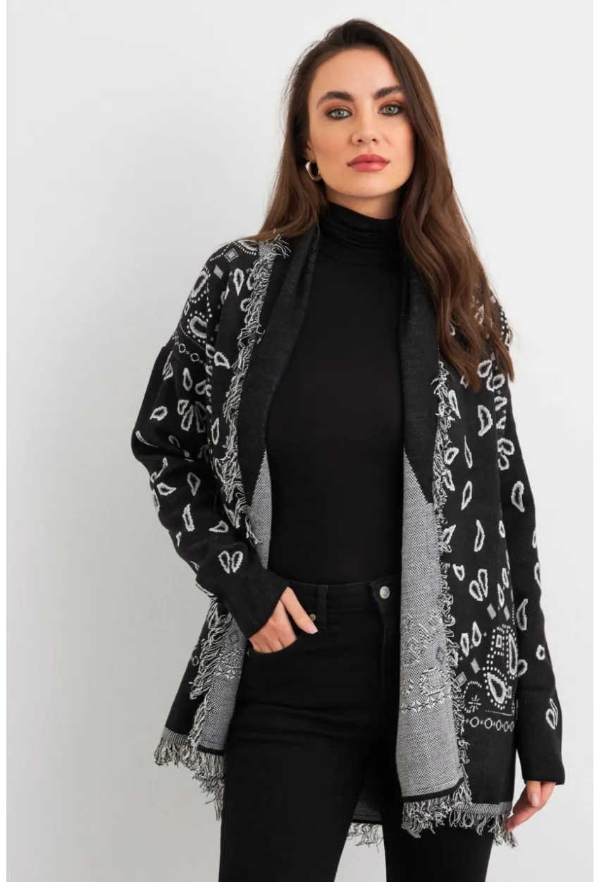 Kadın Siyah Desenli Triko Hırka MVI14209