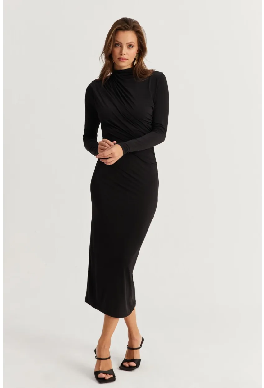 Kadın Siyah Drape Maxi Elbise DMR377