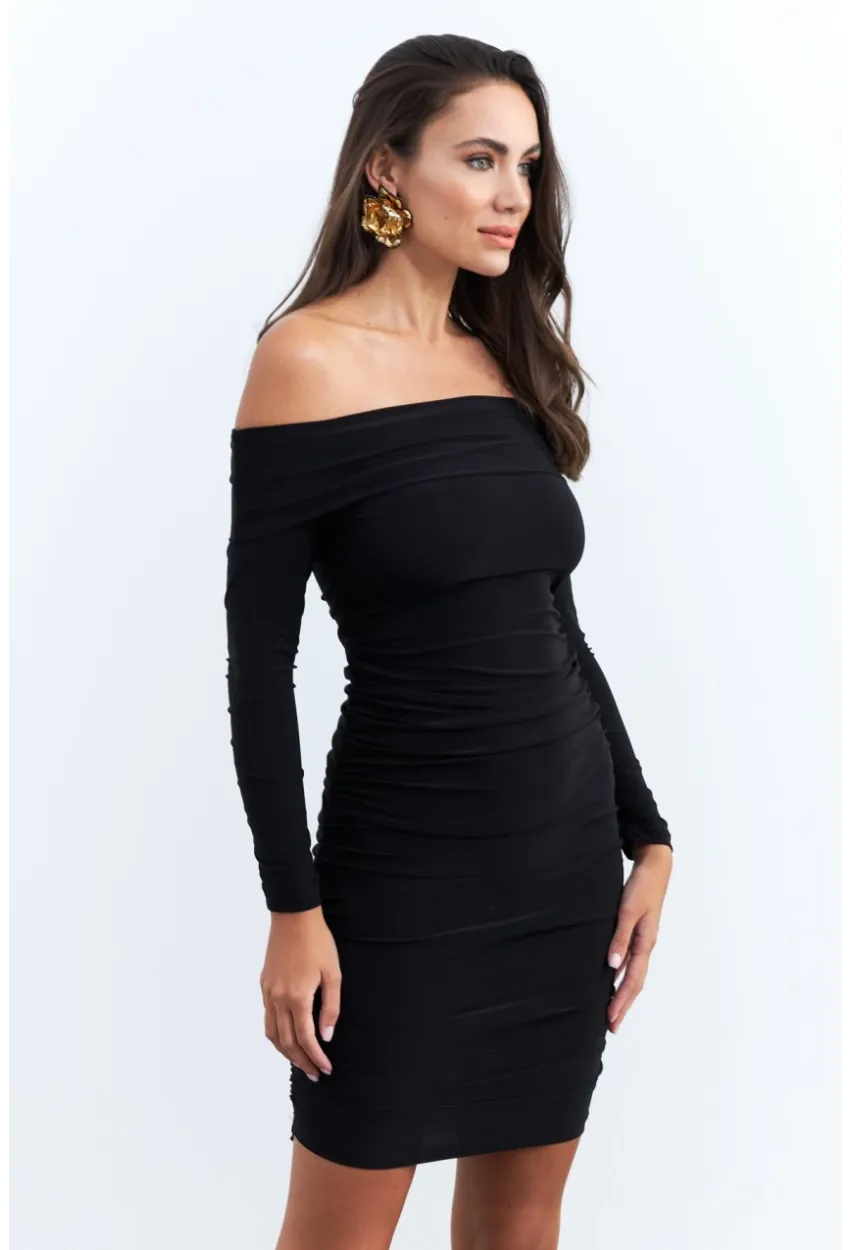 Kadın Siyah Drapeli Degaje Mini Elbise ELT3697