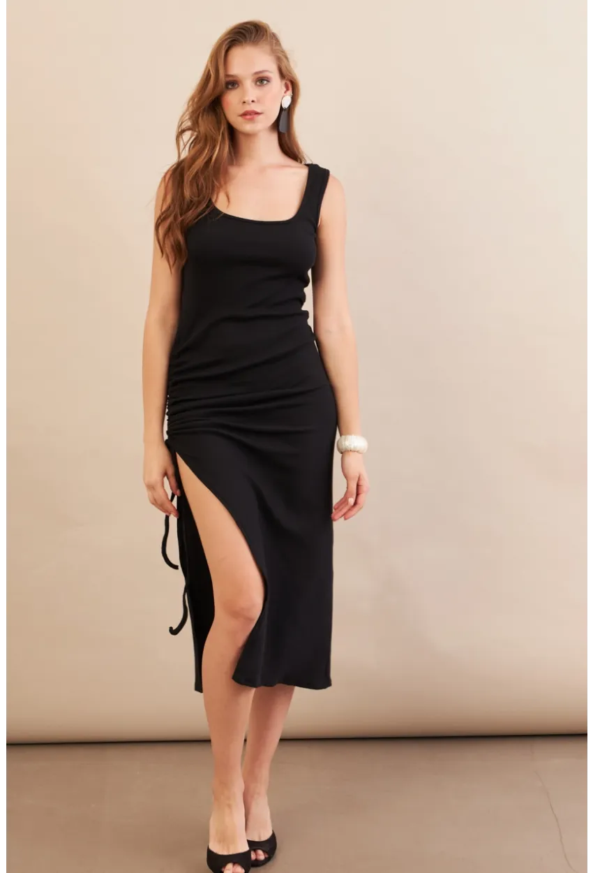 Kadın Siyah Drapeli Midaxi Kaşkorse Elbise EY3112