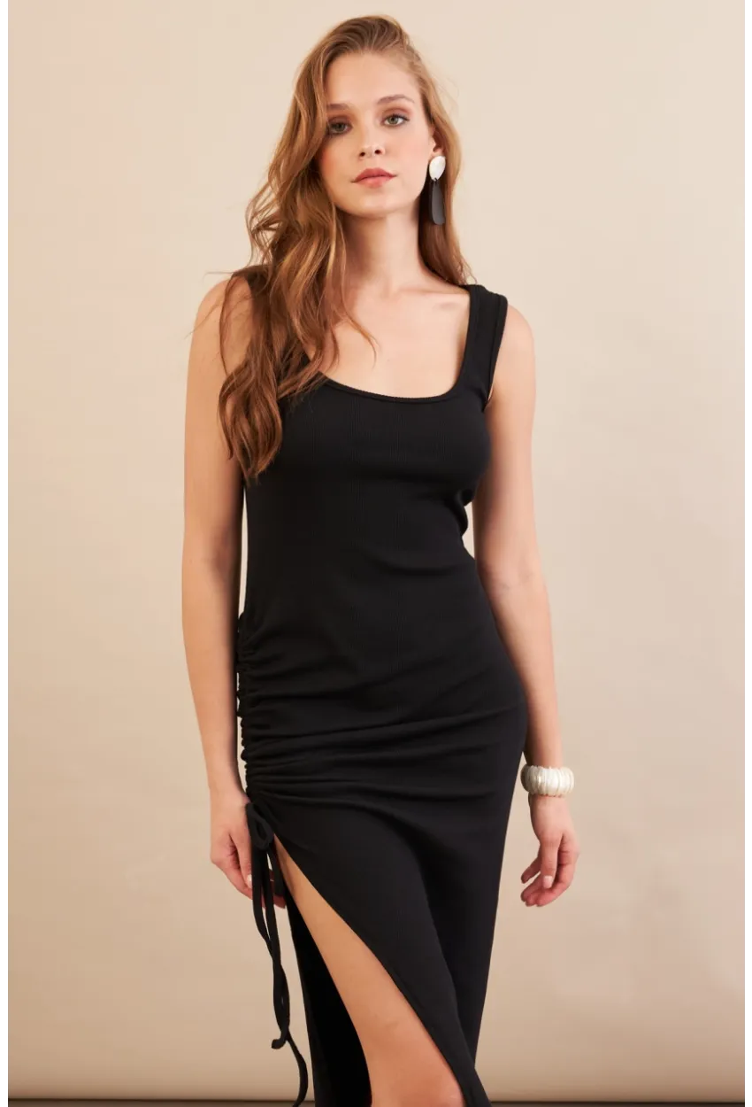 Kadın Siyah Drapeli Midaxi Kaşkorse Elbise EY3112