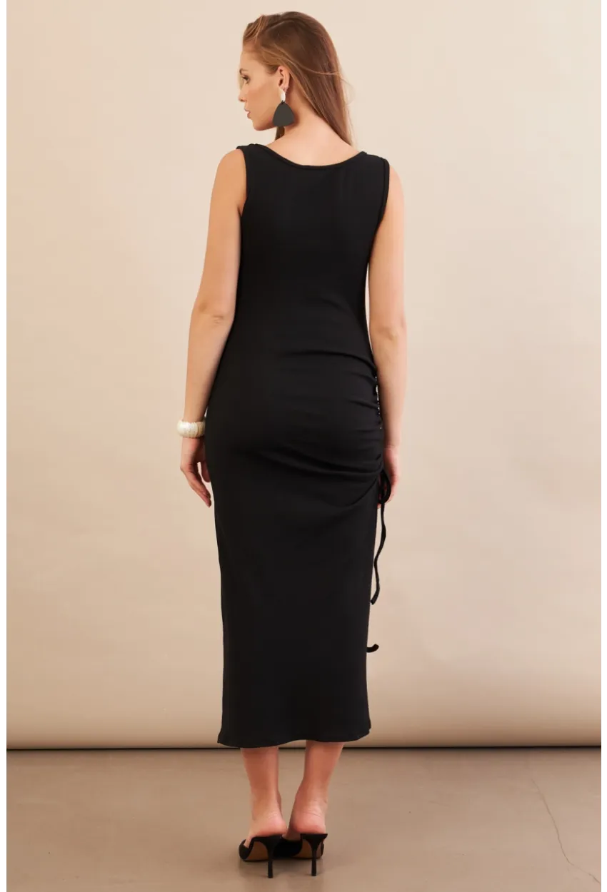Kadın Siyah Drapeli Midaxi Kaşkorse Elbise EY3112