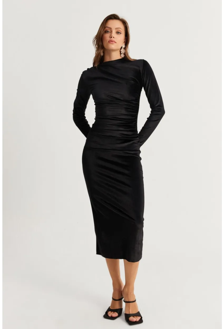 Kadın Siyah Drapeli Midi Elbise MON1113