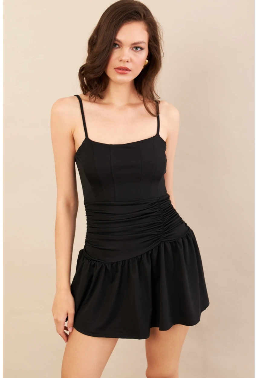 Kadın Siyah Drapeli Mini Elbise DCF080