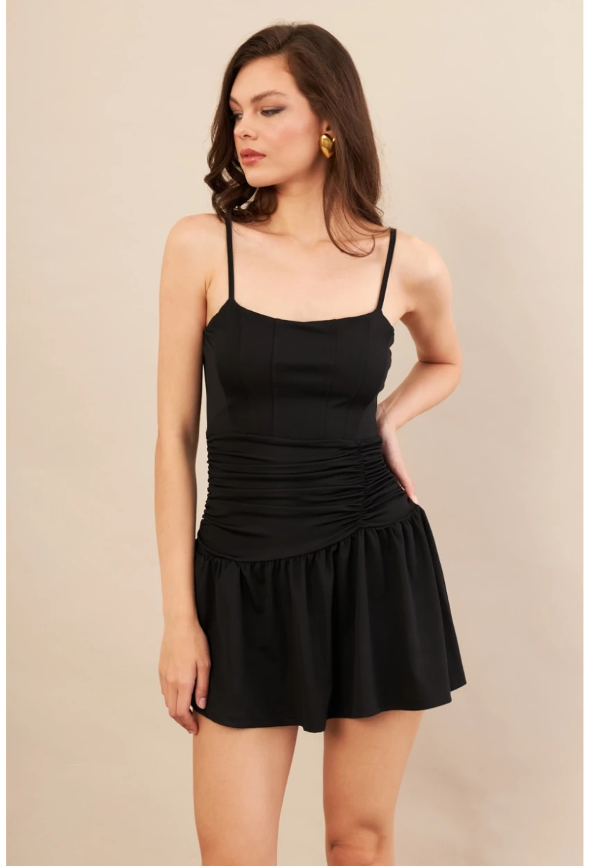 Kadın Siyah Drapeli Mini Elbise DCF080