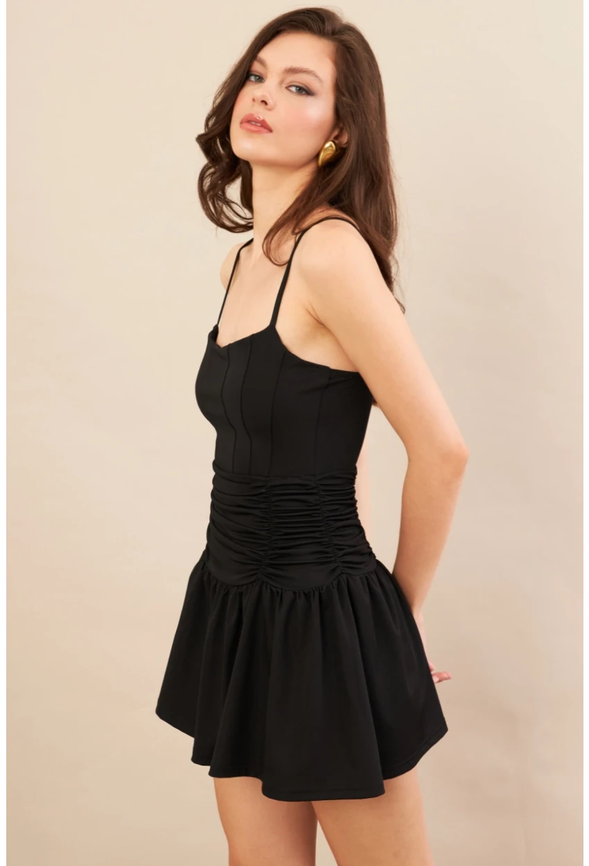 Kadın Siyah Drapeli Mini Elbise DCF080