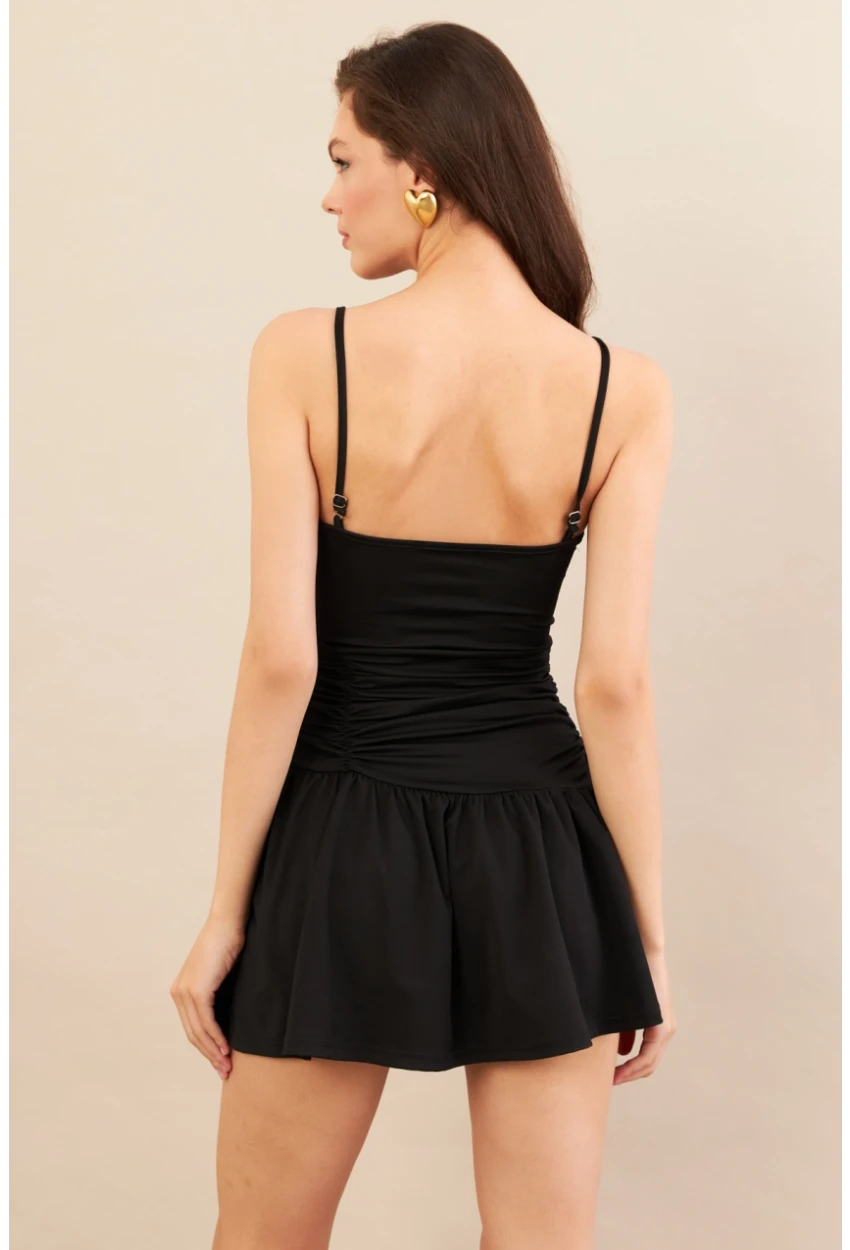 Kadın Siyah Drapeli Mini Elbise DCF080