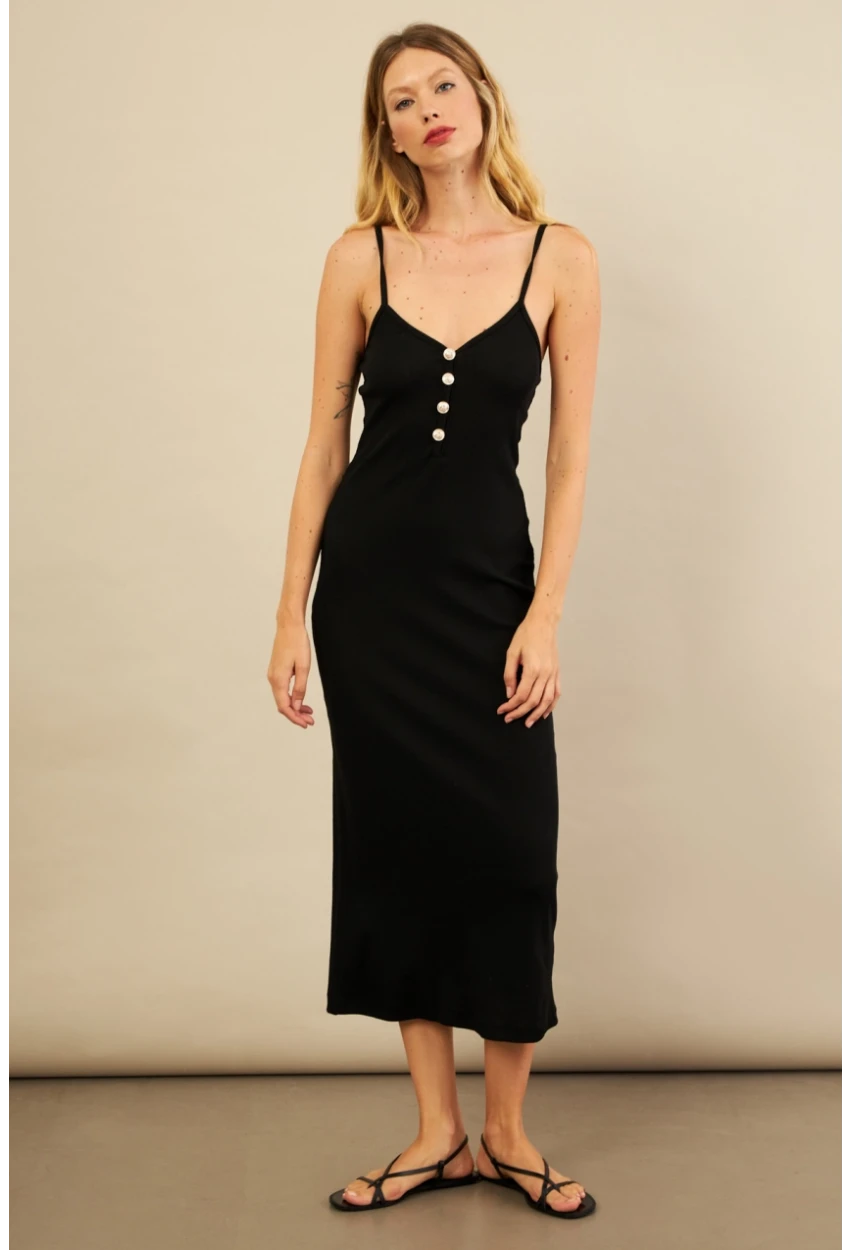 Kadın Siyah Düğme Detaylı Kaşkorse Midi Elbise EY3122