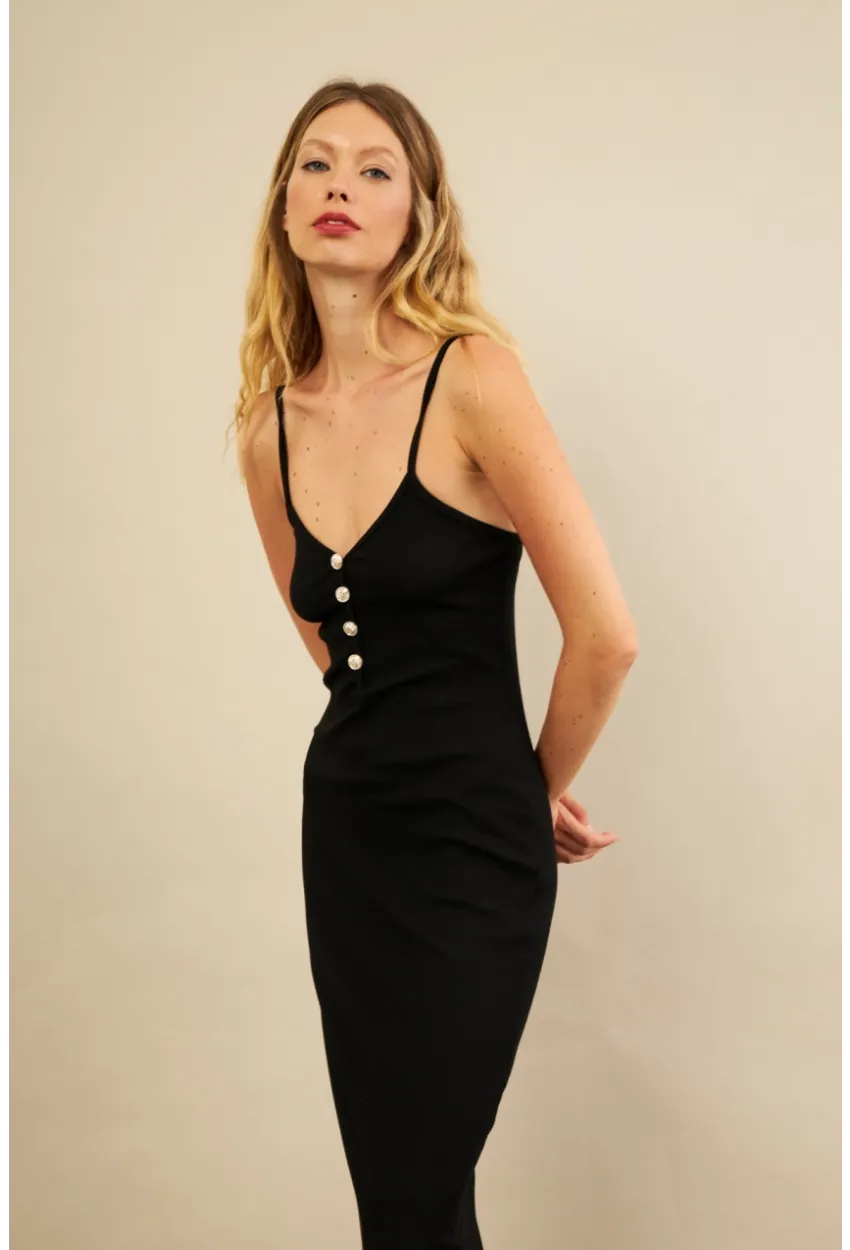 Kadın Siyah Düğme Detaylı Kaşkorse Midi Elbise EY3122