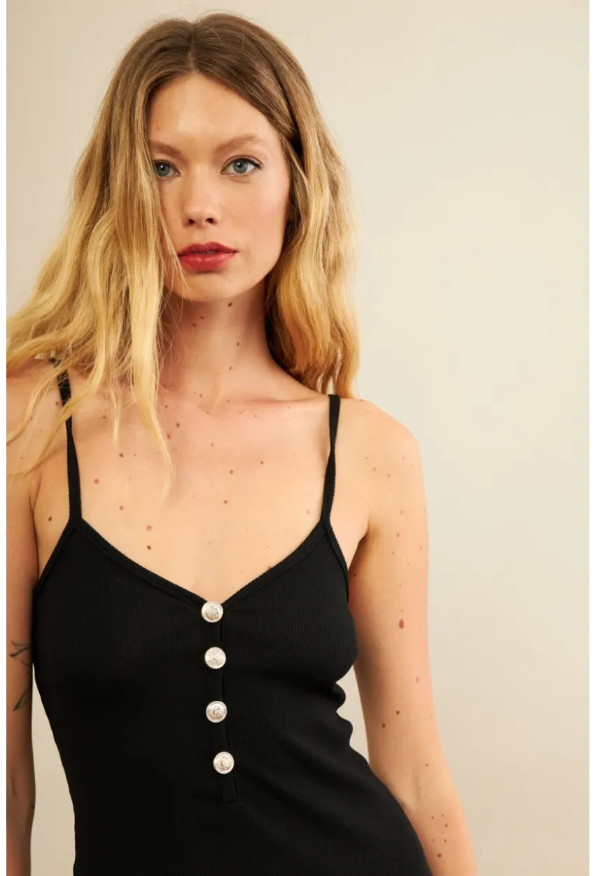 Kadın Siyah Düğme Detaylı Kaşkorse Midi Elbise EY3122