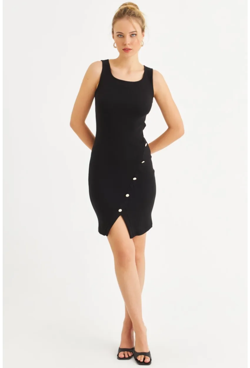 Kadın Siyah Düğme Detaylı Midi Elbise URO1111