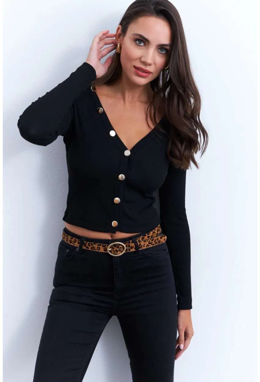 Kadın Siyah Düğmeli Kısa Hırka EY2952