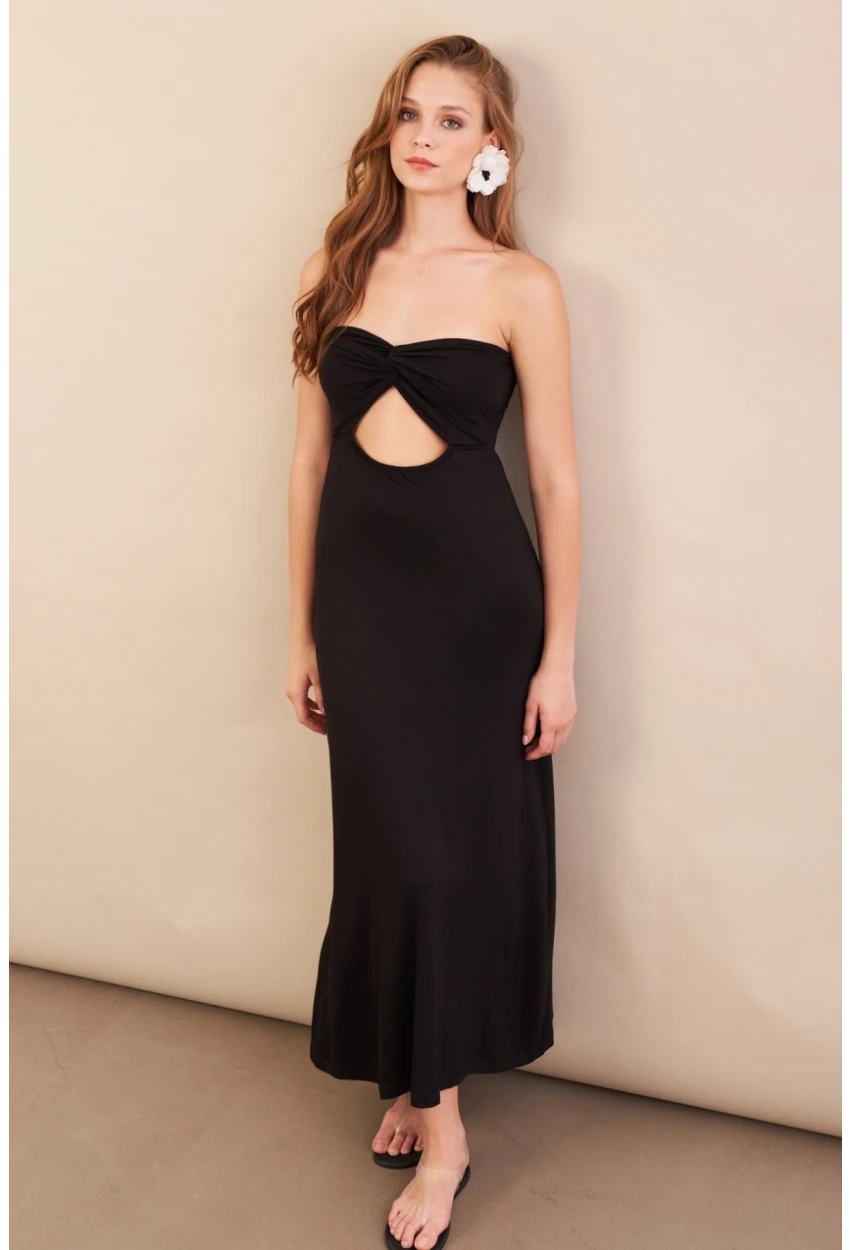 Kadın Siyah Düğümlü Pencereli Straplez Midi Elbise EY3109