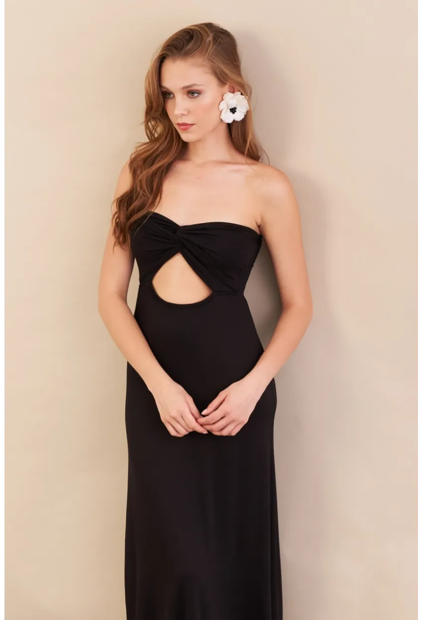 Kadın Siyah Düğümlü Pencereli Straplez Midi Elbise EY3109