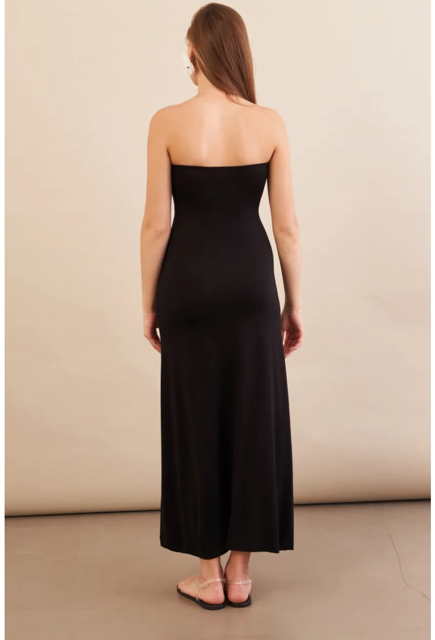 Kadın Siyah Düğümlü Pencereli Straplez Midi Elbise EY3109