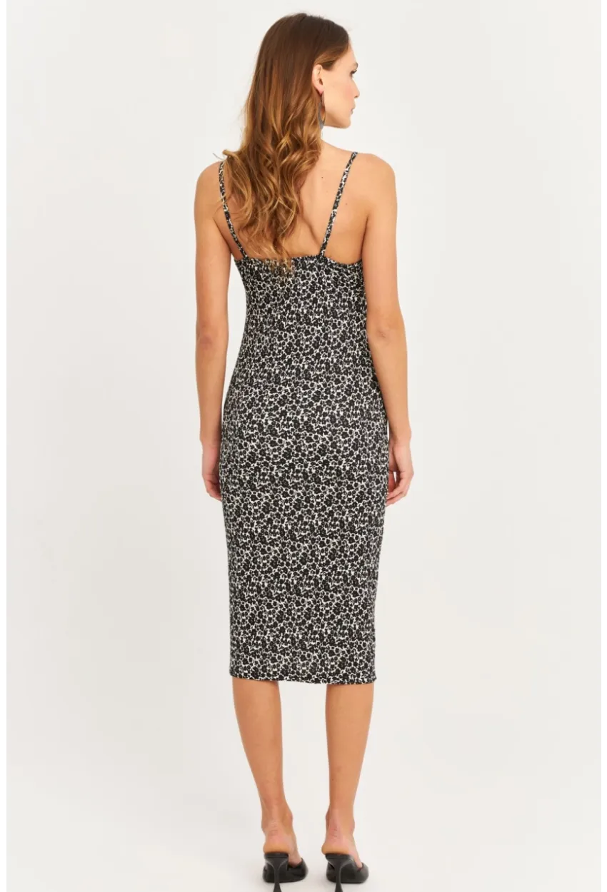 Kadın Siyah-Ekru Askılı Bürümcük Midi Elbise KAB302