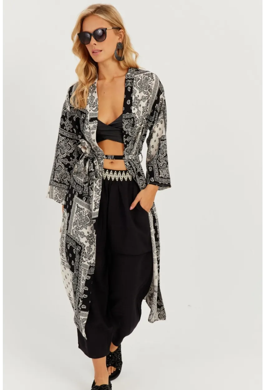 Kadın Siyah-Ekru Desenli Kimono GÇ155