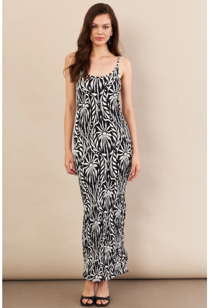 Kadın Siyah-Ekru Desenli Maxi Elbise FLS08