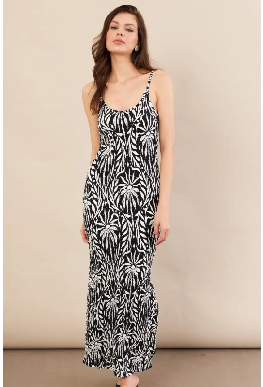 Kadın Siyah-Ekru Desenli Maxi Elbise FLS08
