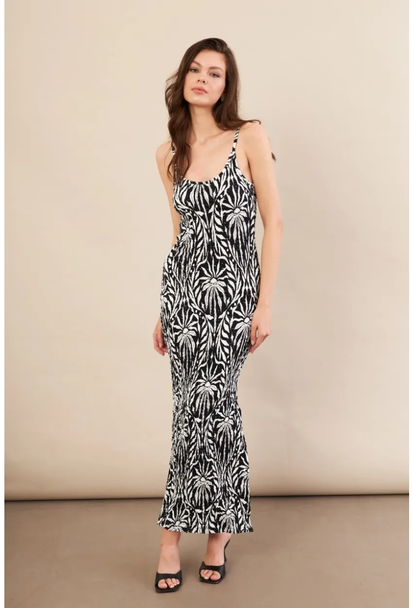 Kadın Siyah-Ekru Desenli Maxi Elbise FLS08