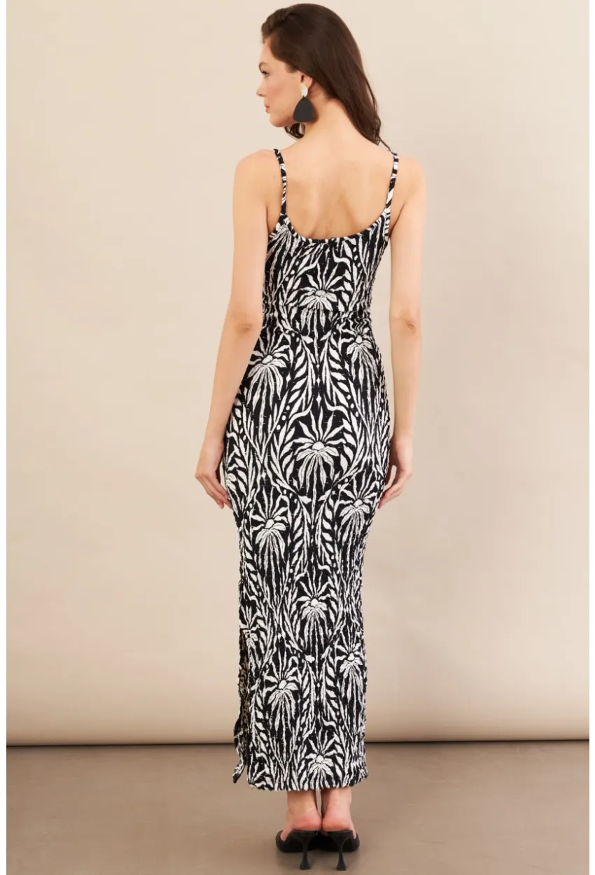 Kadın Siyah-Ekru Desenli Maxi Elbise FLS08