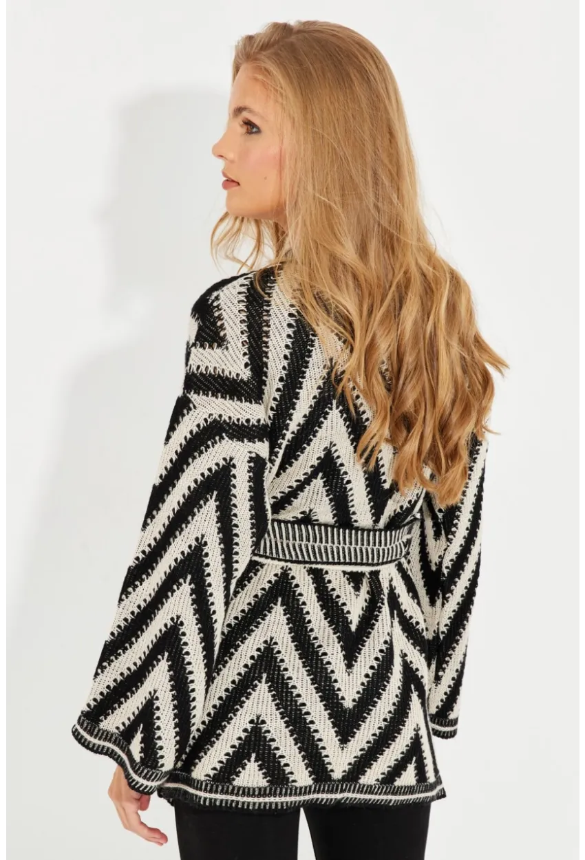 Kadın Siyah-Ekru Kemerli Zikzak Triko Hırka MİW1525