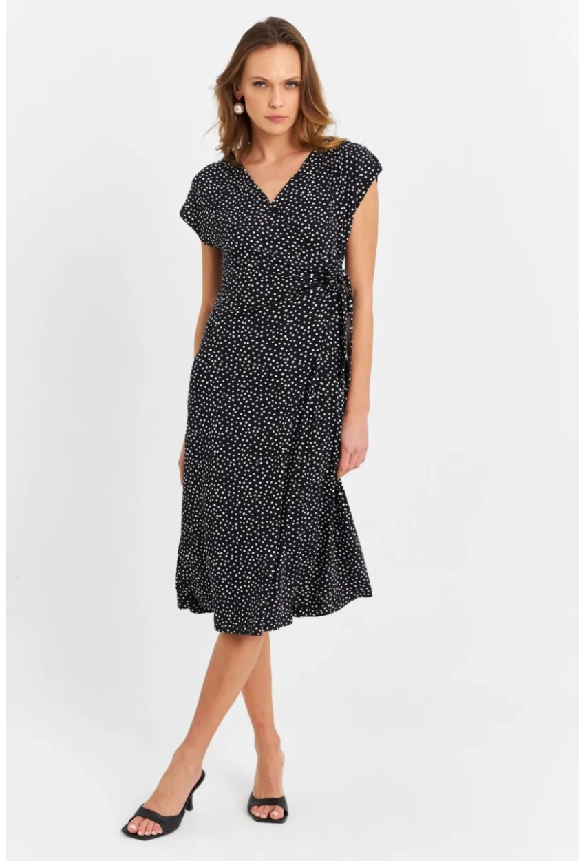 Kadın Siyah-Ekru Kruvaze Puantiyeli Midi Elbise EY3071