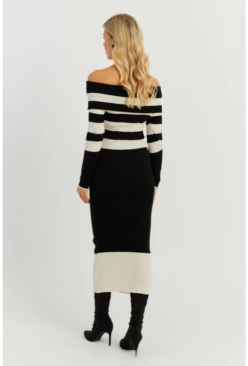 Kadın Siyah-Ekru Madonna Çizgili Triko Midi Elbise KED143