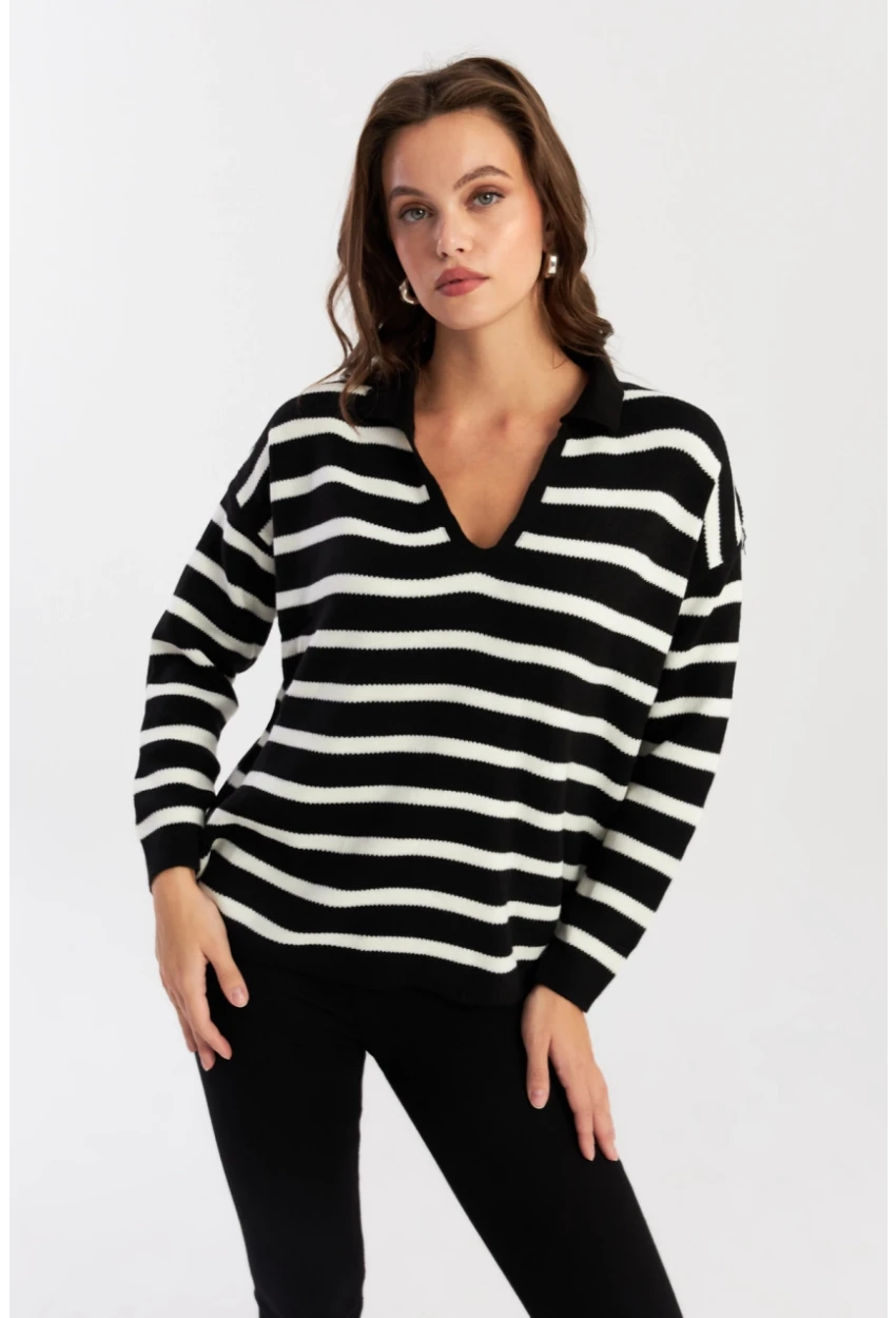 Kadın Siyah-Ekru Polo Yaka Çizgili Triko Kazak COL01