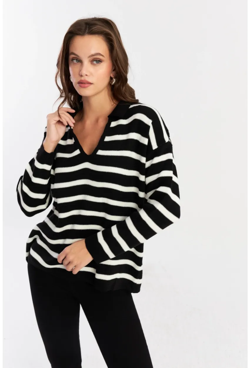 Kadın Siyah-Ekru Polo Yaka Çizgili Triko Kazak COL01