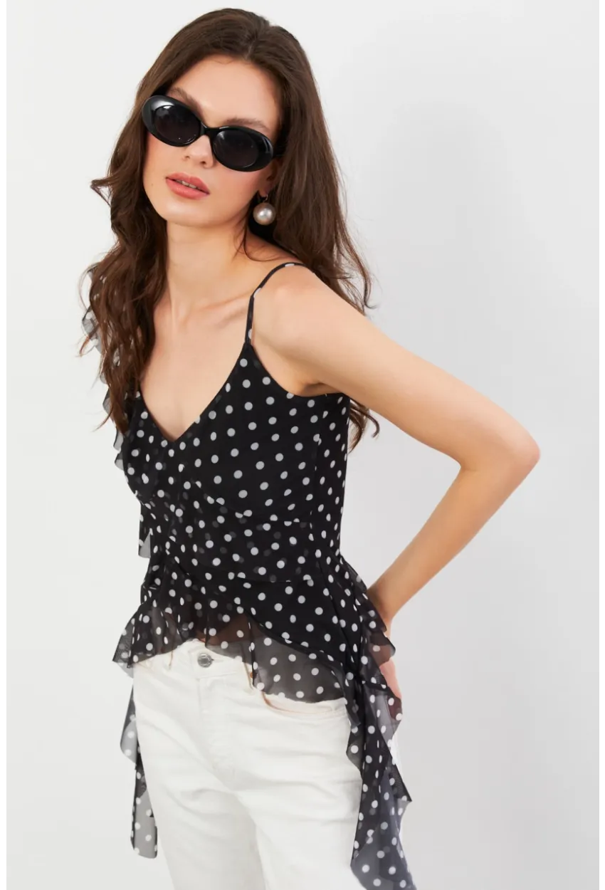 Kadın Siyah-Ekru Puantiye Desenli Fırfırlı Şifon Bluz FS033