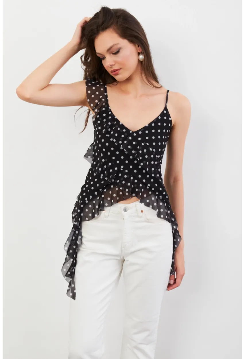 Kadın Siyah-Ekru Puantiye Desenli Fırfırlı Şifon Bluz FS033