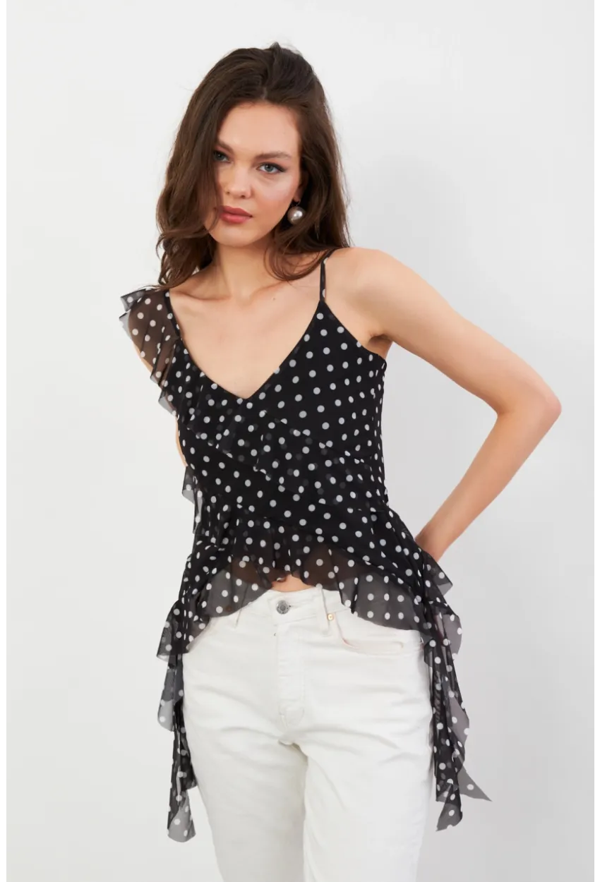 Kadın Siyah-Ekru Puantiye Desenli Fırfırlı Şifon Bluz FS033