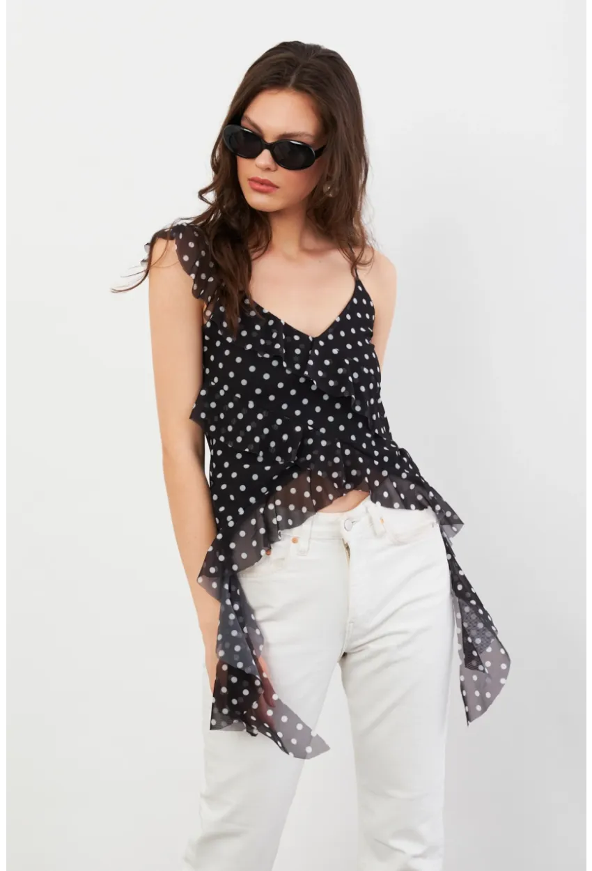 Kadın Siyah-Ekru Puantiye Desenli Fırfırlı Şifon Bluz FS033