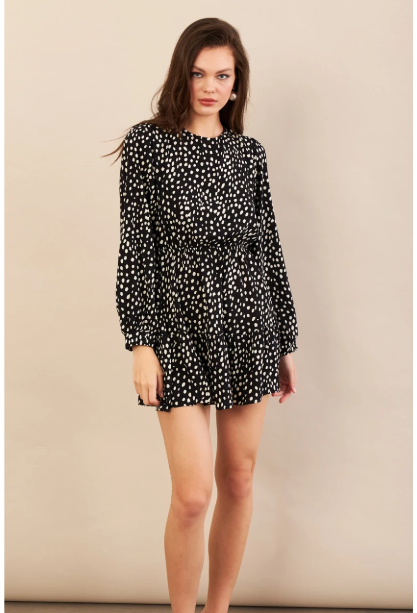 Kadın Siyah-Ekru Sırtı Açık Puantiyeli Mini Elbise BTY107