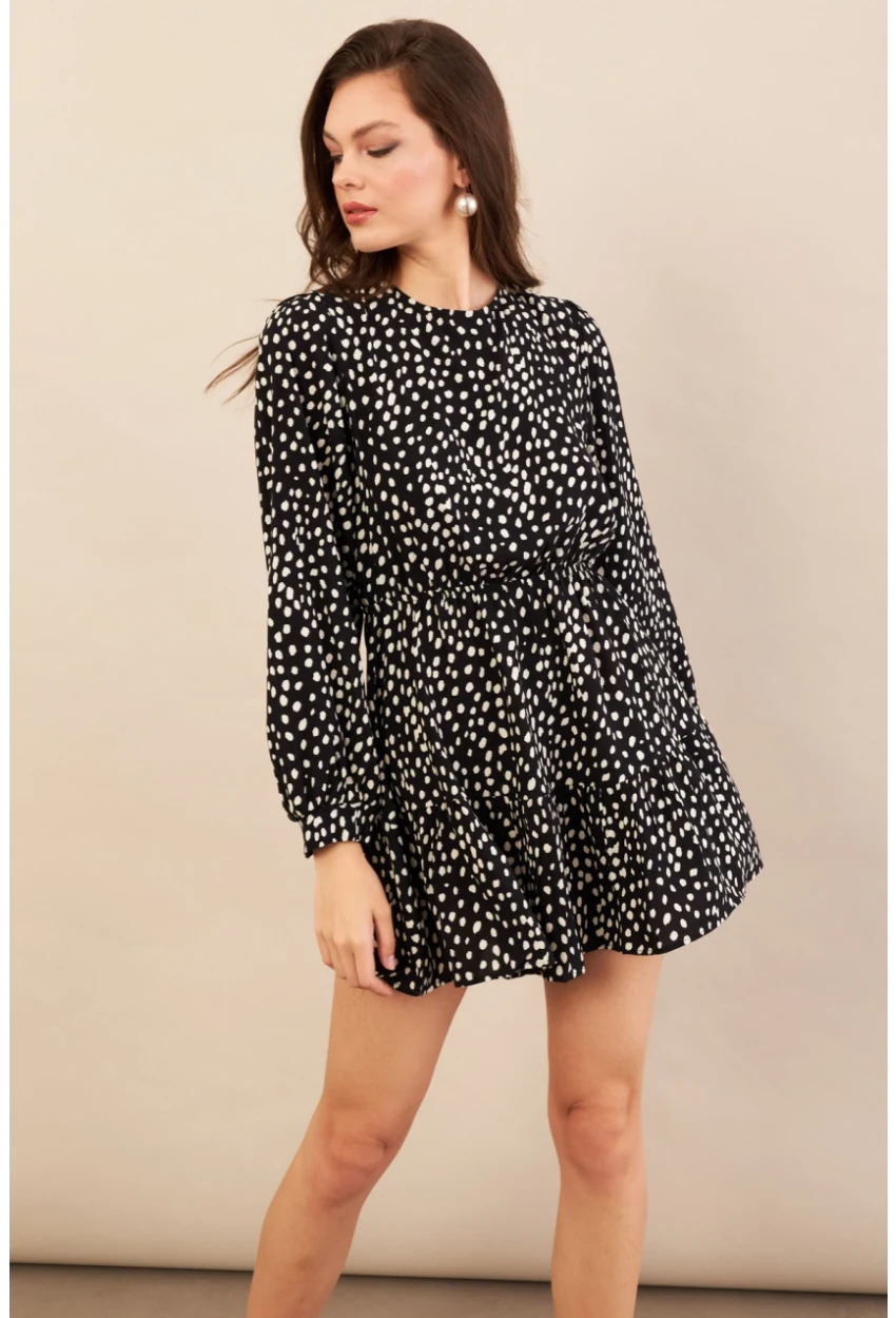 Kadın Siyah-Ekru Sırtı Açık Puantiyeli Mini Elbise BTY107