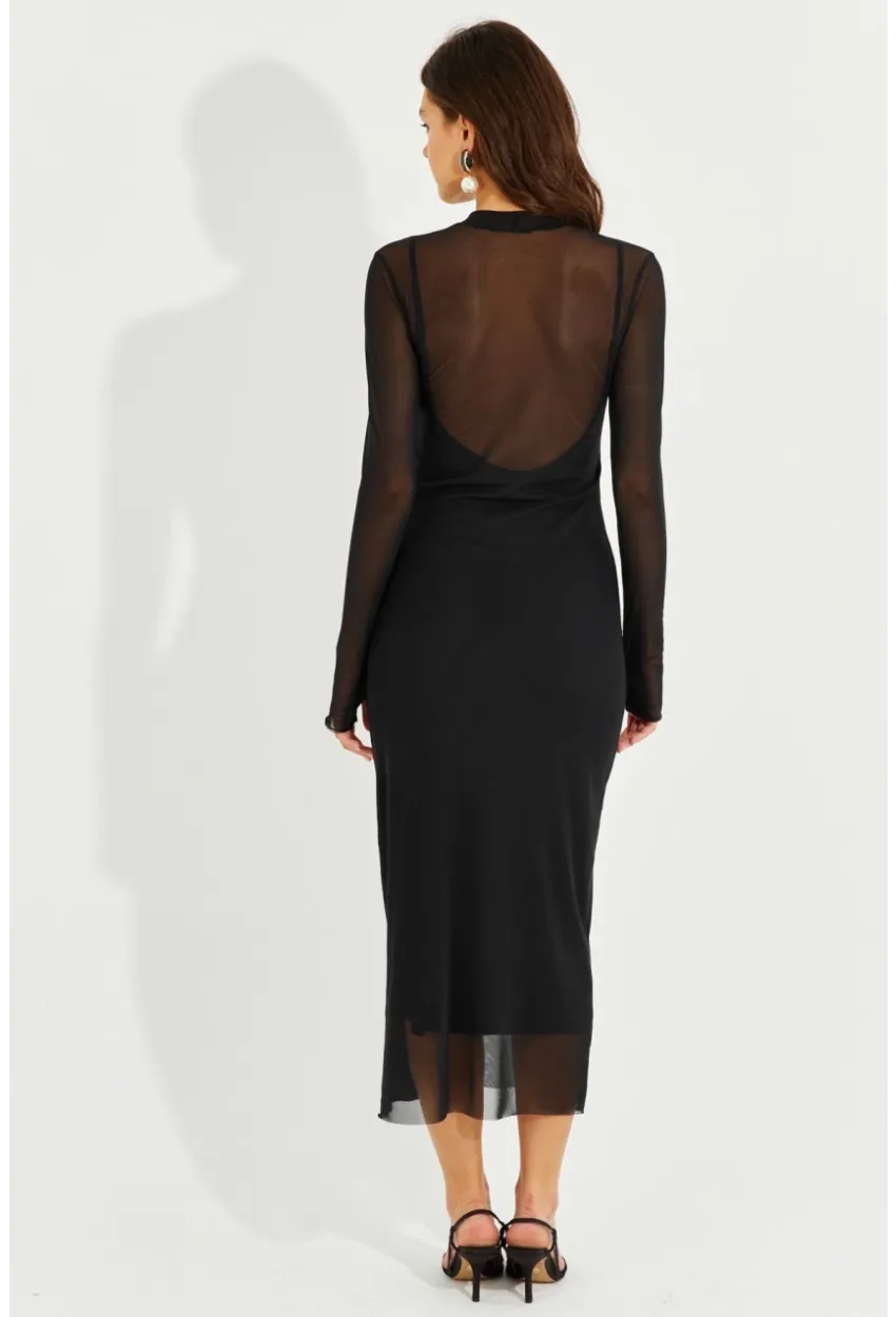 Kadın Siyah Eldivenli İkili Midi Tül Elbise MEN2006