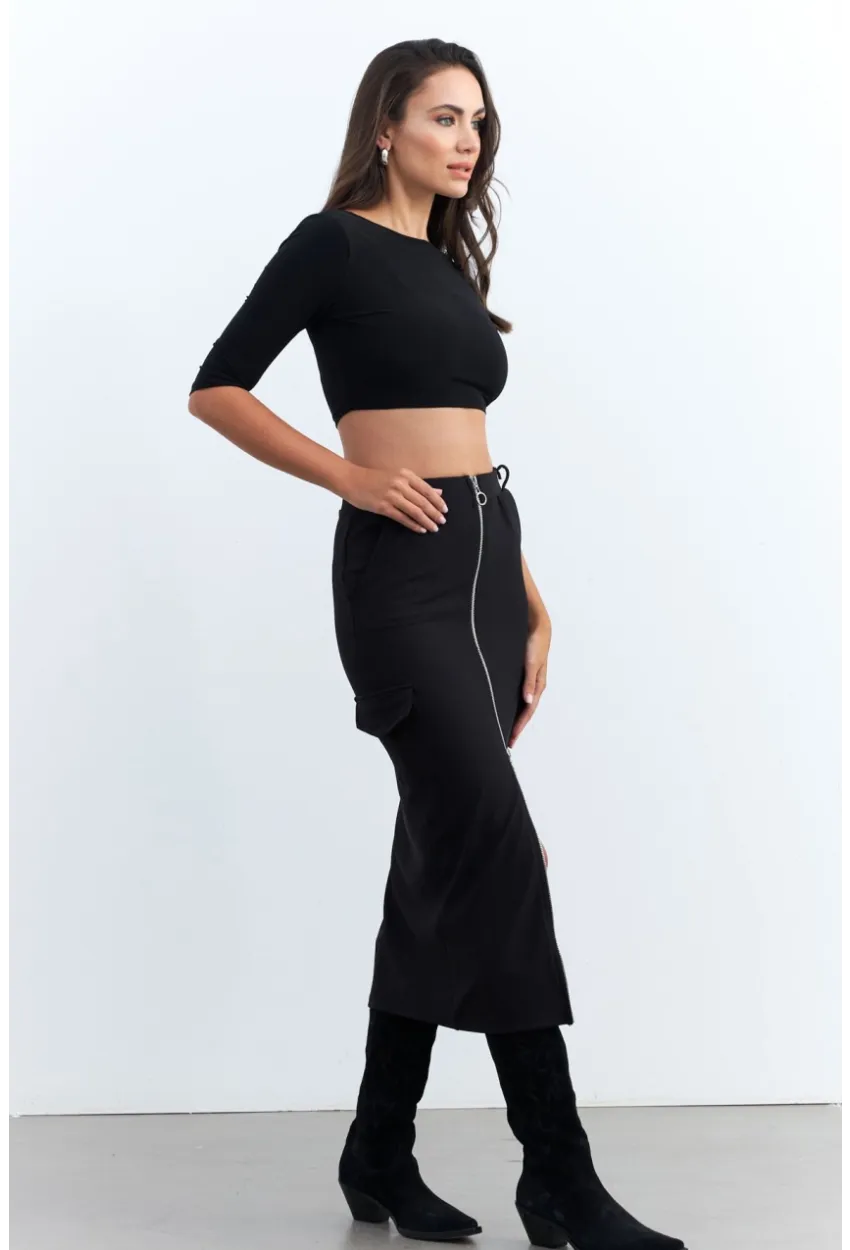 Kadın Siyah Fermuarlı Cepli Midi Etek ELT3999