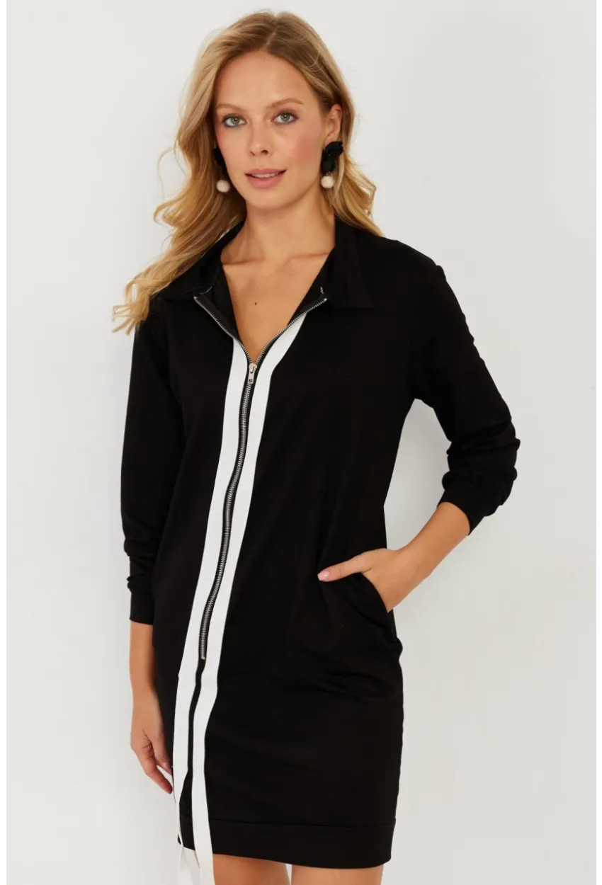 Kadın Siyah Fermuarlı Midi Elbise ST5025