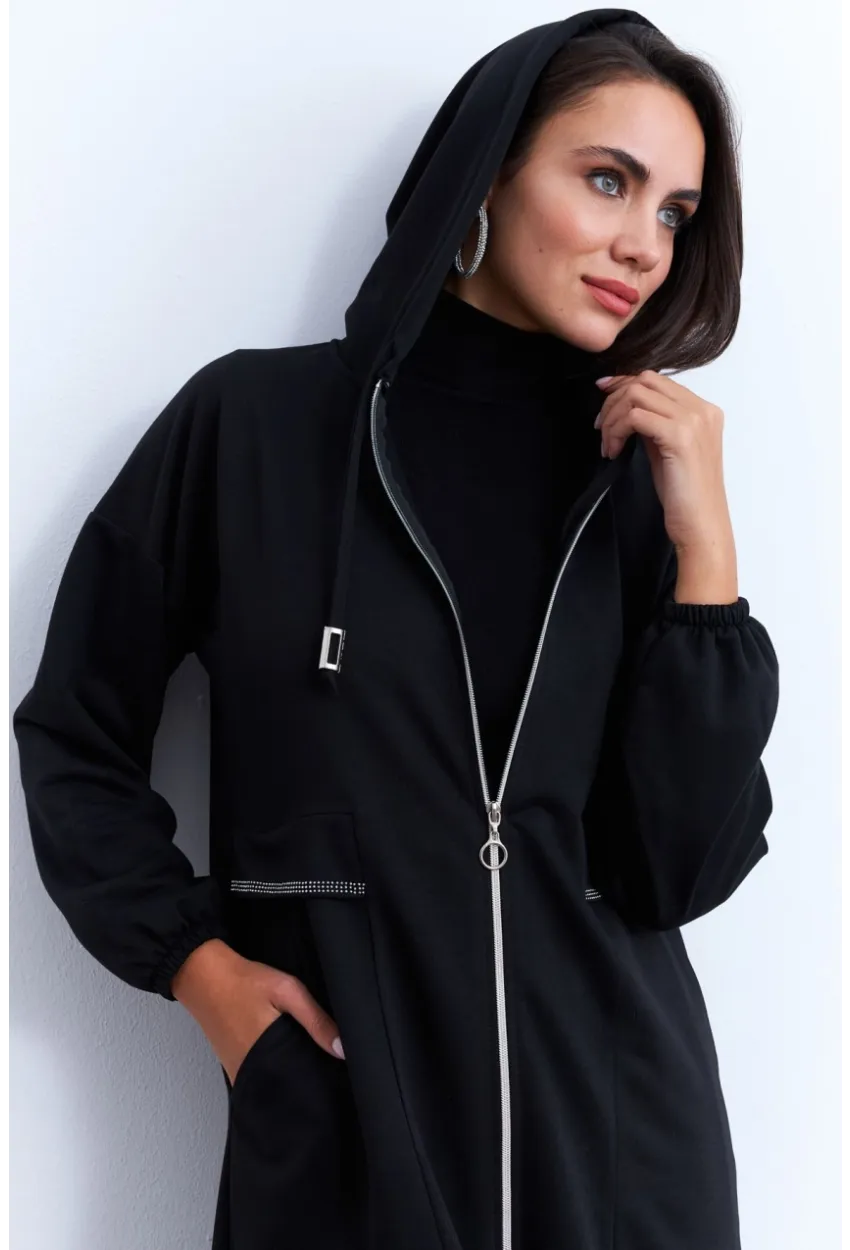 Kadın Siyah Fermuarlı Taşlı Sweat Elbise MASF21