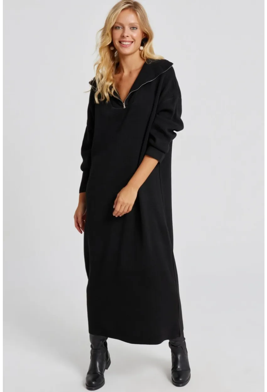 Kadın Siyah Fermuarlı Triko Maxi Elbise SF2525
