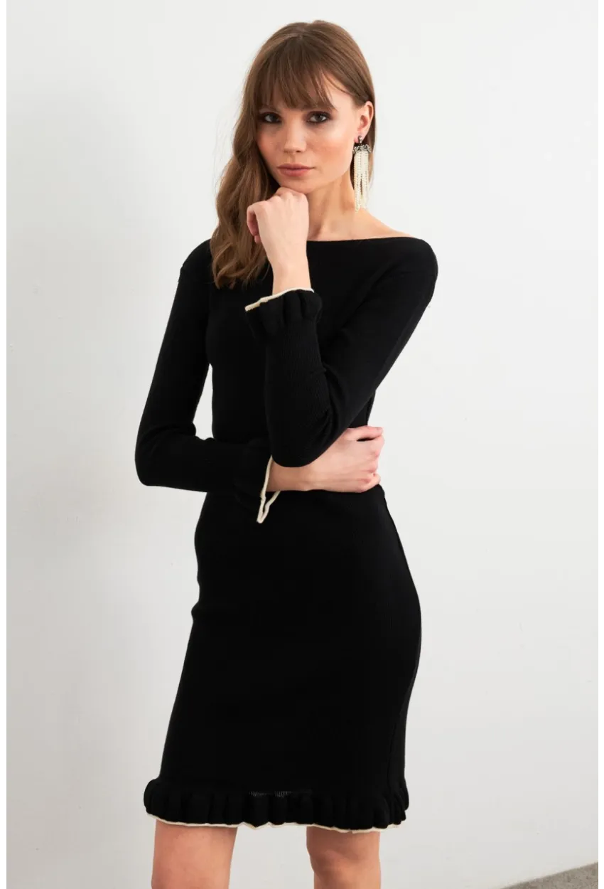 Kadın Siyah Fırfırlı Basic Triko Midi Elbise SF2559