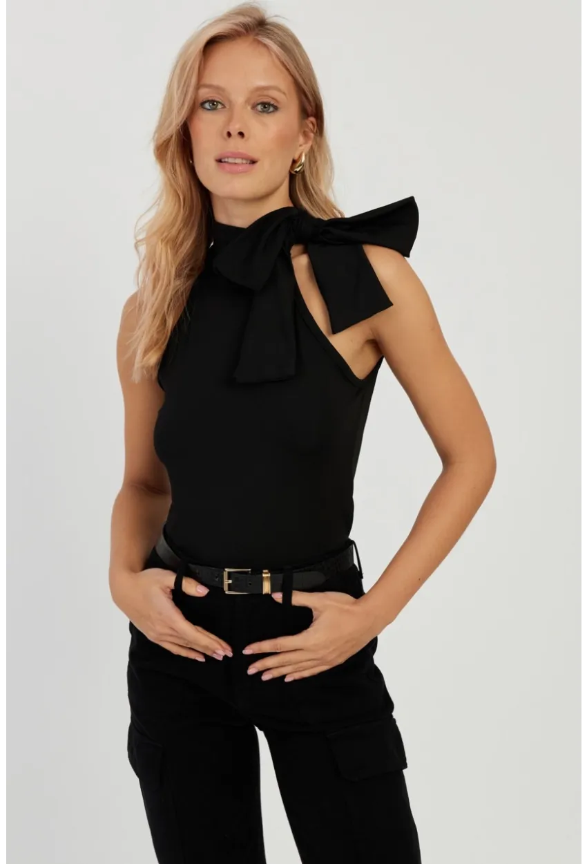 Kadın Siyah Fiyonklu Crop Bluz EY2726