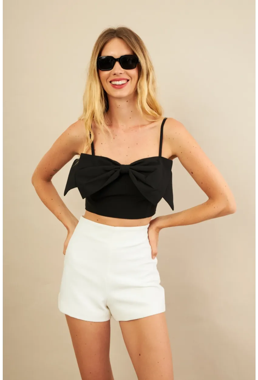 Kadın Siyah Fiyonklu Crop Bluz KED0089