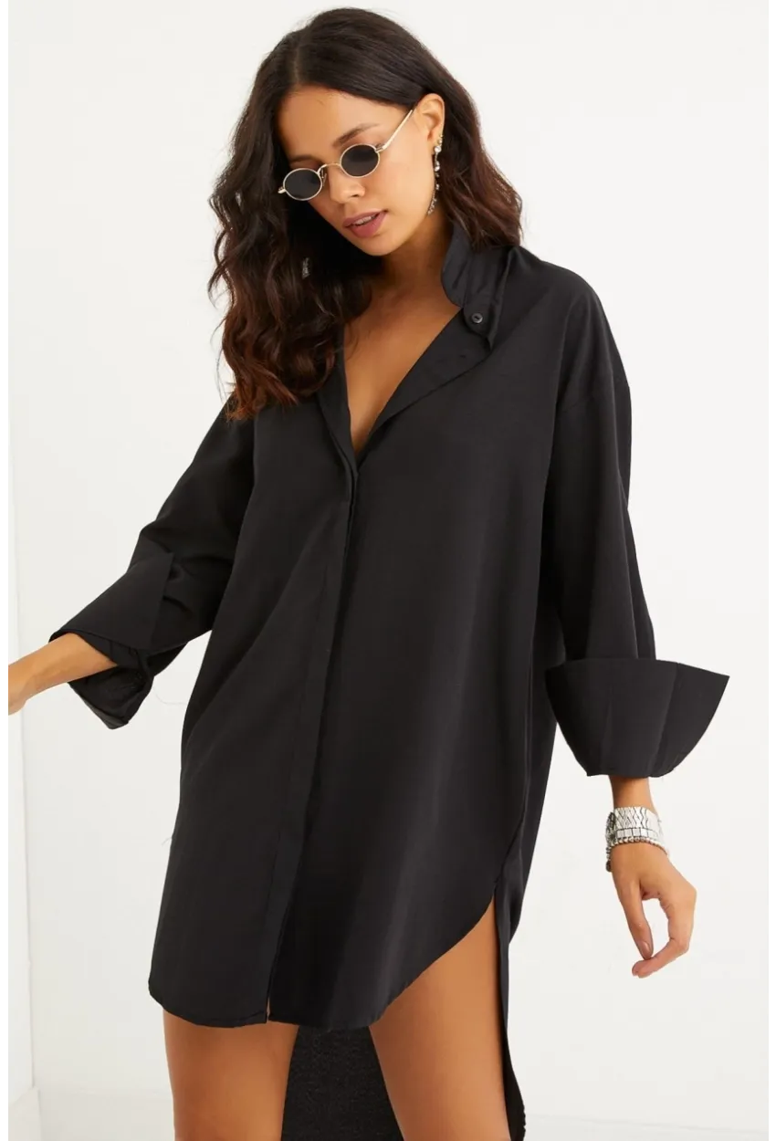 Kadın Siyah Gizli Düğmeli Tunik Gömlek Elbise SF1292